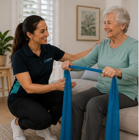 A Refine Physio Mobile clinician supporting an older client with a seated resistance-band exercise at home