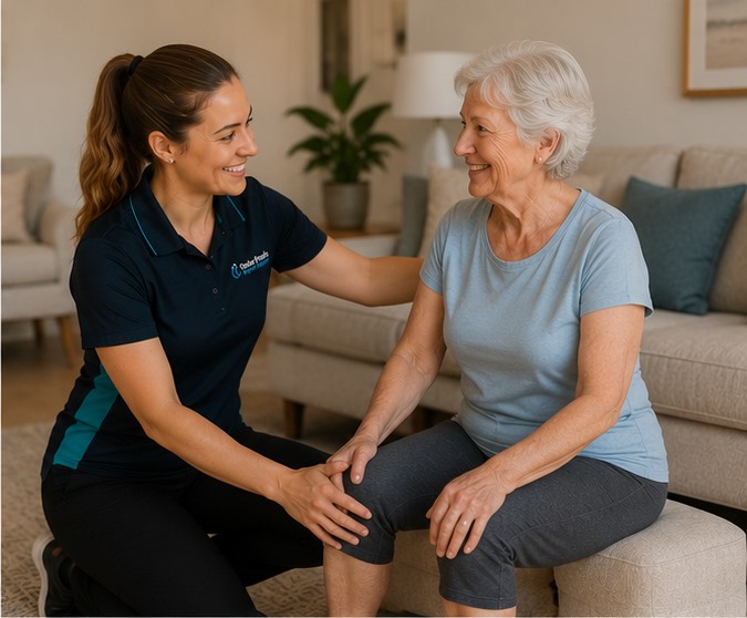 Mobile clinician supporting an older client with movement and comfort at home