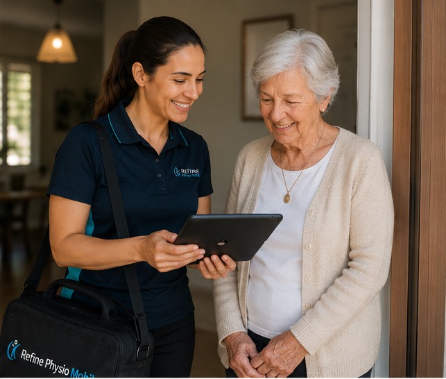 Refine Physio Mobile clinician reviewing practical home recommendations with an older client at her doorway