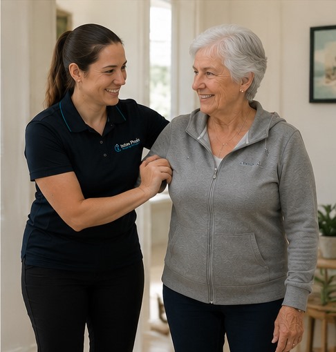 Refine Physio Mobile clinician supporting an older client with a therapist-directed exercise at home